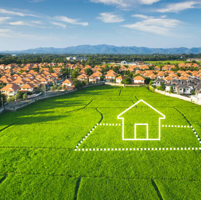 Land or landscape of green field in aerial view or bird eye view. Include agriculture farm, icon of residential, home or house building and land plot. That real estate or property for dream concept to build, construction, owned, sale, rent, buy, purchase, mortgage and investment in Chiang Mai of Thailand.