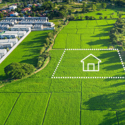 Land or landscape of green field in aerial view or bird eye view. Include agriculture farm, icon of residential, home or house building and land plot. That real estate or property for dream concept to build, construction, owned, sale, rent, buy, purchase, mortgage and investment in Chiang Mai of Thailand.